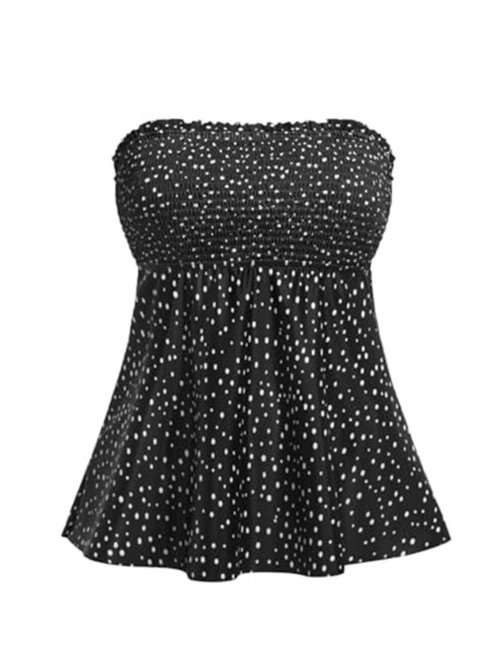 Black Dot Tankini Top Women Bandeau Smocked Swimsuit Removable Straps Flowy
